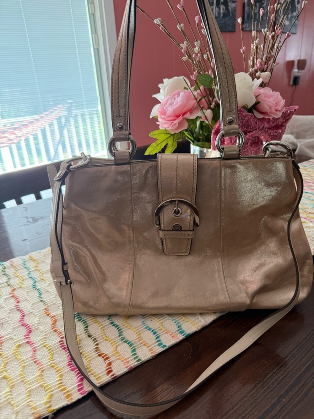 COACH Metallic Gold SOHO Shoulder Bag with Buckle Accent